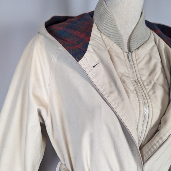 90s Vintage Mervyn's Partner Petites Trenchcoat Lined Hooded Tan Red Plaid Trim - Picture 9 of 16